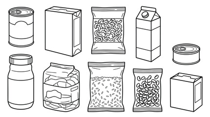 Collection of various packaged food items and containers, presented as line art illustrations. © Nuria