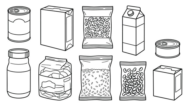 Collection of various packaged food items and containers, presented as line art illustrations.