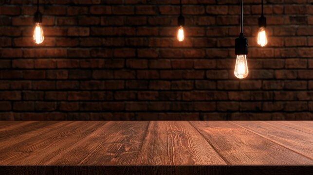 Rustic wooden tabletop in front of exposed brick wall with hanging vintage filament light bulbs in warm atmospheric lighting
