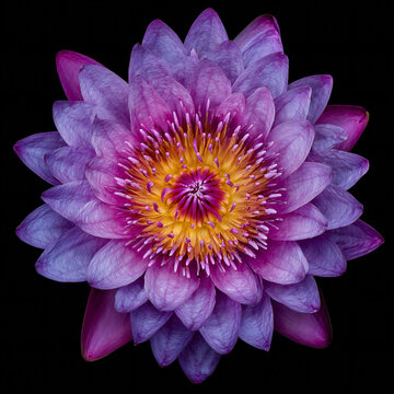 Top view of beautiful purple colored lotus flower on black background