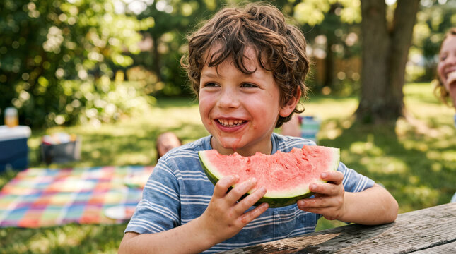 Happy young boy eating a fresh slice of watermelon outdoors during a sunny summer garden picnic