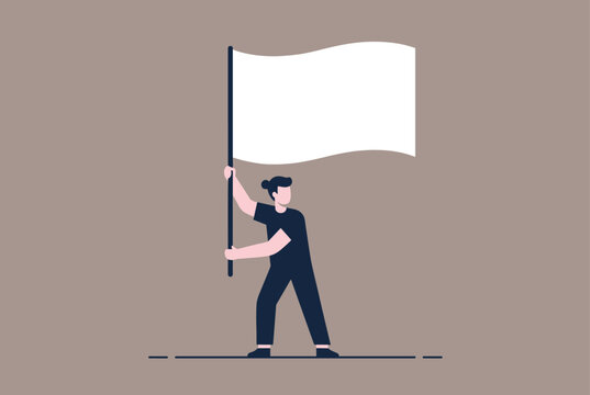 Brave person holding a large blank white flag while standing tall as a symbol of surrender or peaceful protest.