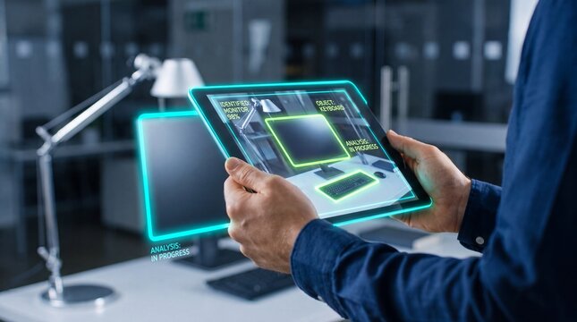 Hands hold tablet with glowing AR computer vision interface scanning office equipment