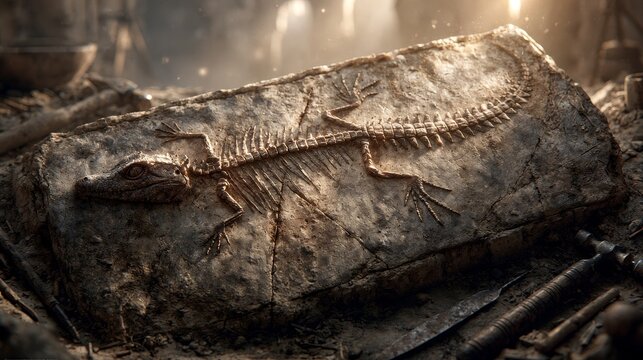 articulated. Articulated reptile skeleton in sedimentary rock with tools, archaeological excavation and fossil discovery concept. STEM education sheets.