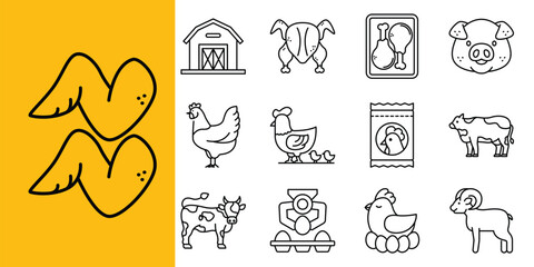 Poultry and livestock farming vector line icons set containing chicken, cow, pig, and barn © Tifany