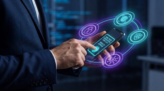 Businessperson uses smartphone to complete glowing zero trust multi-factor authentication step