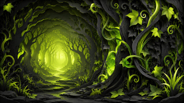 A spooky Halloween pathway leads through a dark forest with twisted trees and vines on a foggy night with green lighting effects.
