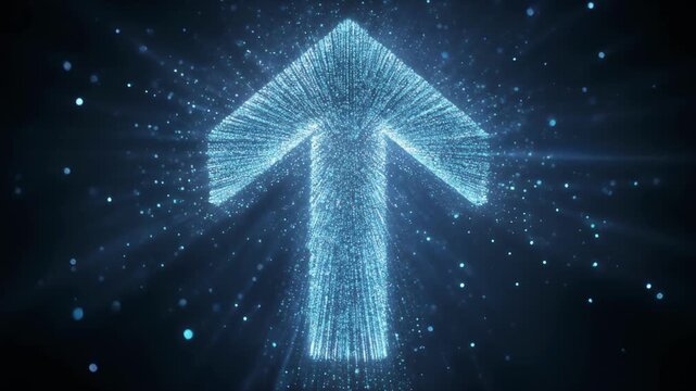 Glowing Blue Digital Arrow of Particles Pulses Upward in Dark Space, Creating Mesmerizing Light Effect with Dynamic Visuals