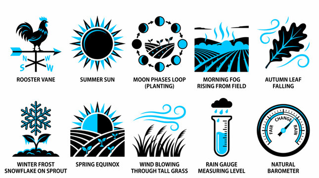 collection of 10 vector icons depicting various agricultural weather conditions and symbols, including rooster vane, sun, moon phases, fog, leaf, frost, equinox, wind, rain gauge, and barometer.