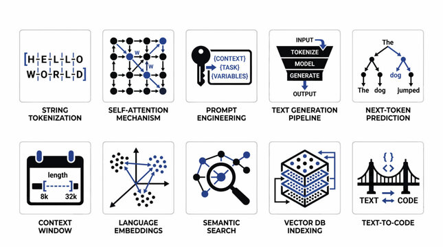This vector illustration set showcases 10 key concepts in natural language processing and machine learning, including string tokenization, self-attention mechanism, prompt engineering, text generation