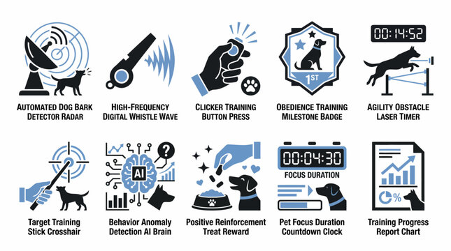 collection of vector icons illustrating various dog training methods and tools, including obedience training, behavior modification, and positive reinforcement techniques.