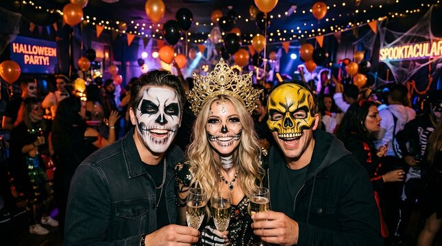 Three friends in halloween costumes and makeup holding champagne glasses at a party