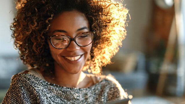 Happy African person smiling while using a digital wallet app on a smartphone or tablet in a bright modern apartment, reviewing positive financial updates such as tax refunds, credit score improvement