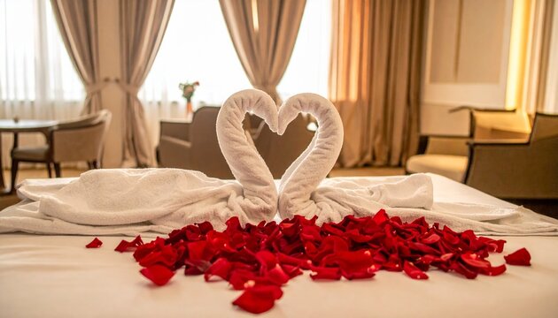 Towel swans with rose petals on bed.