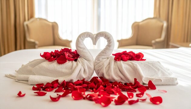 Towel swans with rose petals on bed.