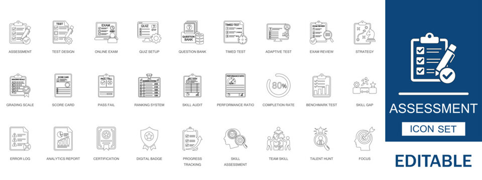 Assessment Vector Icon Set. Online Exam Test Design Quiz Setup Skill Audit Adaptive Evaluation Grading Scale Ranking System Score Card Progress Template.