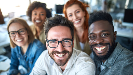 Fototapeta premium Happy Diverse Group of People Smiling Together in Modern Office, Teamwork and Success Concept with Business Professionals, Friends and Colleagues Building Strong Collaboration.