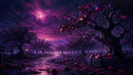 Fototapeta premium A spooky Halloween scene with trees, fence, and stream under a purple night sky.