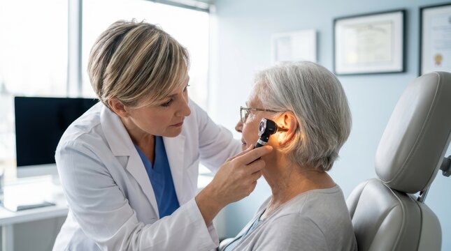A female doctor examining ear of a senior woman with an otoscope in a medical office.
