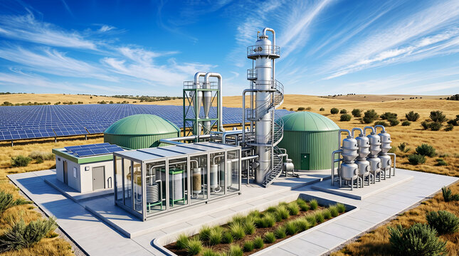 Biogas processing plant with green storage domes, metal distillation towers, and solar panel arrays in a dry, grassy landscape under blue sky