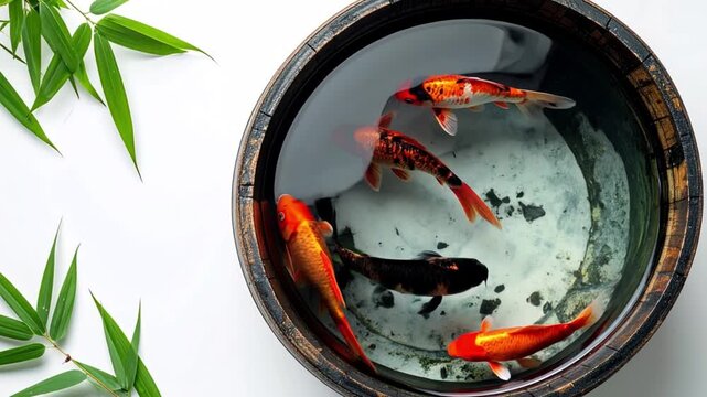 Goldfish swimming in a barrel and copy space　樽の中を泳ぐ金魚とコピースペース