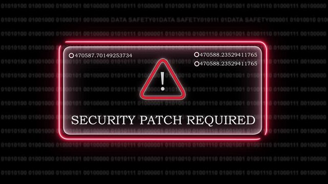 Cyber security warning interface with digital data stream background, featuring a glowing, red alert and, security patch required, text notification for, network protection