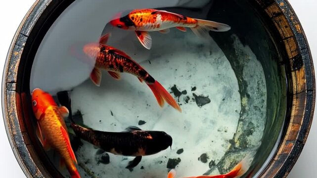 Goldfish swimming in a barrel and copy space　樽の中を泳ぐ金魚