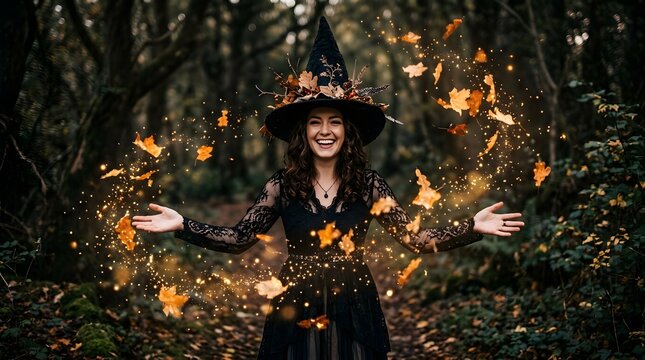 Cheerful young witch with magic glowing leaves in autumn forest