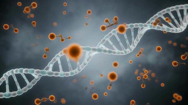 Captivating Molecular Science Glowing Double Helix Rotates Mist with Floating Orbs and Orange Particles, Biology Visual Experience