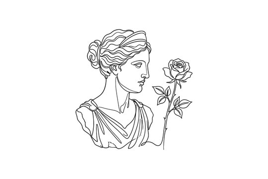Line art illustration of a classical Greek statue bust holding a single rose.