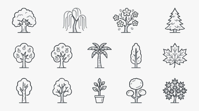 Creative Collection of 15 Unique Minimalist Line Drawn Tree Icons in Monochrome Sketch Style with high quality professional line art symbols for modern creative design and digital branding projects