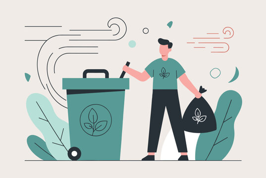 Responsible man disposing of a bag of waste into a large green recycling bin to promote environmental sustainability and care.