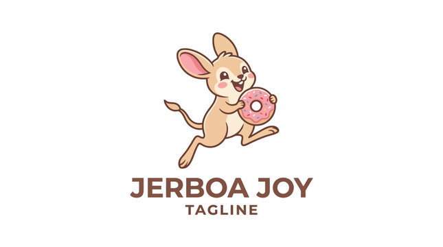 Cute jerboa character holding pink donut mascot logo.