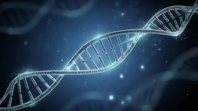Glowing Double Helix Rotates in Dark Futuristic Space, Surrounded by Floating Particles Creating Mesmerizing Visual Effect