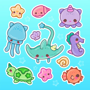 Cute kawaii sea creatures stickers sheet set, vector marine animals colleccion