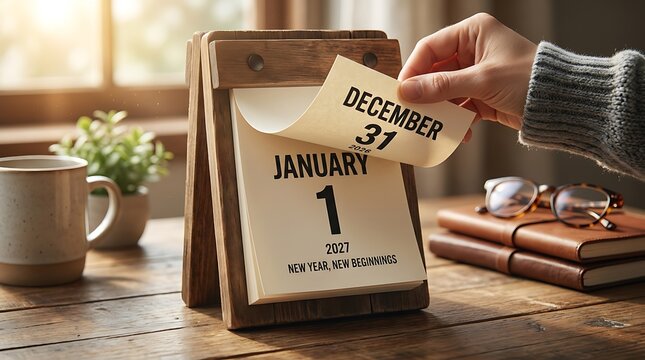 Turning page on wooden desk calendar from december 31 2026 to january 1 2027 showing new year new beginnings message.
