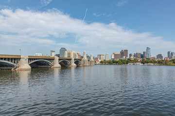 skyline of Boston seen from river Charles with longfellow bridge © travelview