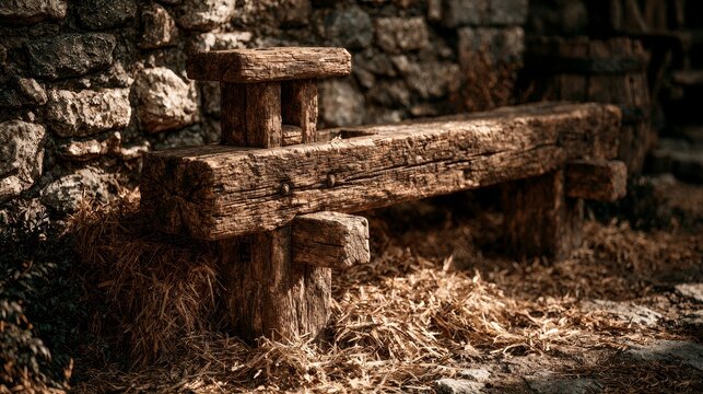 A rough wooden pillory in hay against a stone castle wall.