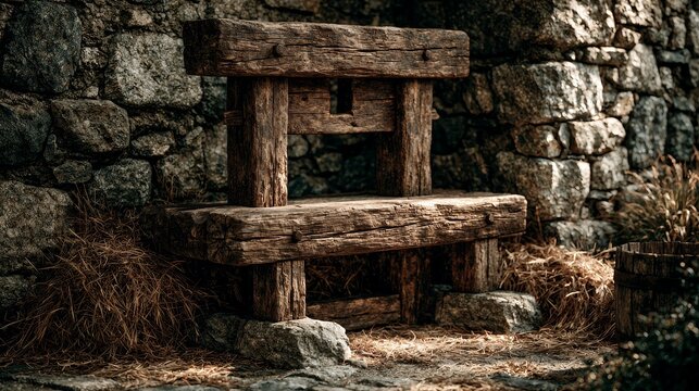 A rough wooden pillory in hay against a stone castle wall.