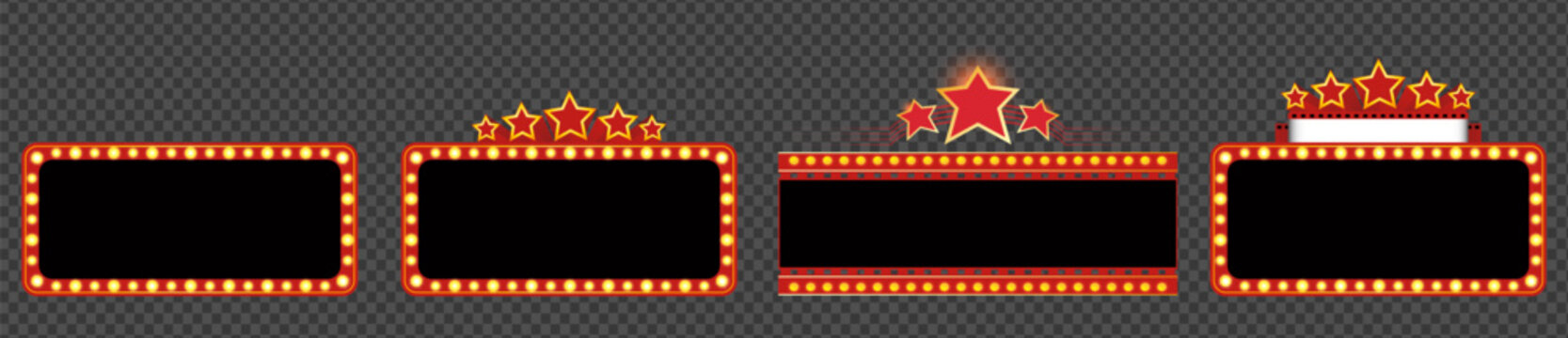 Retro lightbox set, realistic vintage rectangular frames with light bulbs. Red marquee billboards with lamps isolated on transparent background, Red neon cinema marquee frame with glow gold lights.