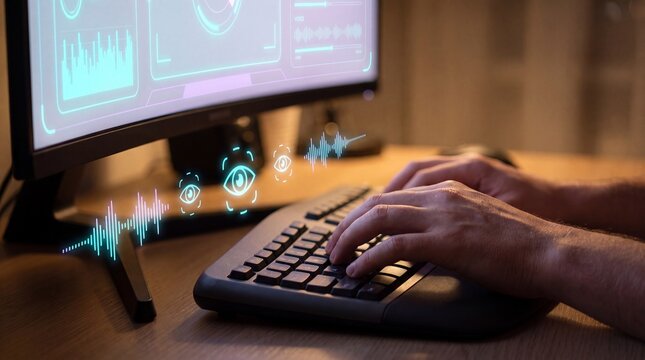 Hands using eye tracking and voice command accessibility interface on computer in dark home office