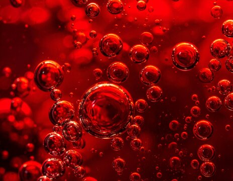 Vibrant hot red abstract background with oil fluid liquid water bubbles spheres circles texture pattern asset