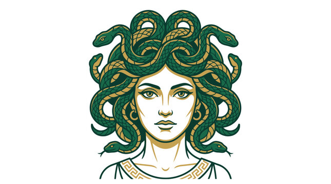 Medusa Gorgon Portrait Vector with Snake Hair and Greek Mythology Design Isolated on White Background