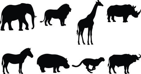 Collection of Wild African Animal Silhouettes Featuring Elephant Lion Giraffe Rhino Zebra Hippo Cheetah and Buffalo © Mukta