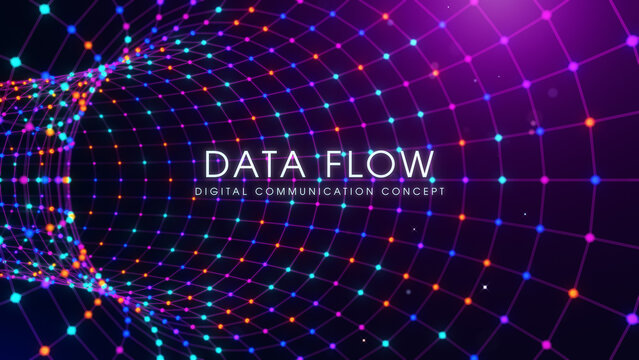 Modern technology title composition featuring DATA FLOW inside a glowing wireframe wormhole tunnel with vibrant particles, representing digital communication, networking, and futuristic innovation.