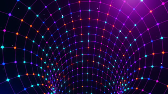 Symmetrical futuristic wireframe tunnel illuminated with glowing particles in purple, blue, and orange, forming a modern technology background with immersive three-dimensional depth.