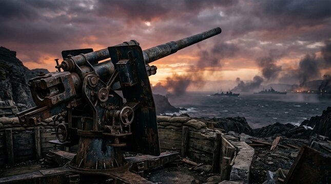 1940年代戦時中の荒廃した海岸線に設置された高射砲の夕景