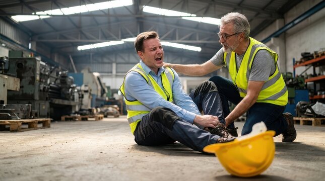 Two factory workers in safety vests, one helping other who is injured on industrial floor.
