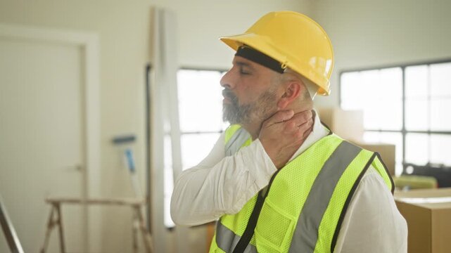 Man construction worker wearing yellow hard hat and hi vis vest holding neck and wincing among renovation boxes, ladder and moving supplies in building; discomfort.