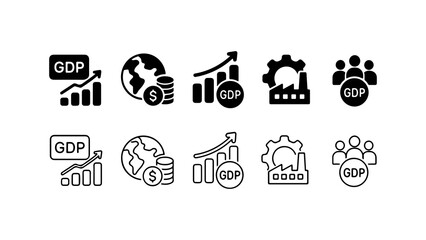 Fototapeta premium GDP Economic Growth Icon Set in Solid Silhouette and Line Art